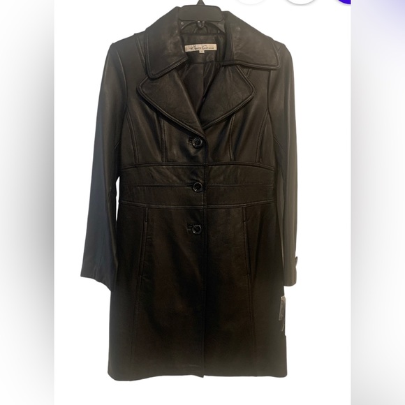 Kenneth Cole Black Leather Coat Button Down w Pockets Collar